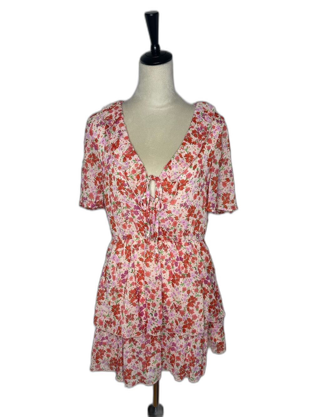 Zara Floral Ruffle Tie-Front Romper Mini Dress - Red/Pink - NWOT Size L